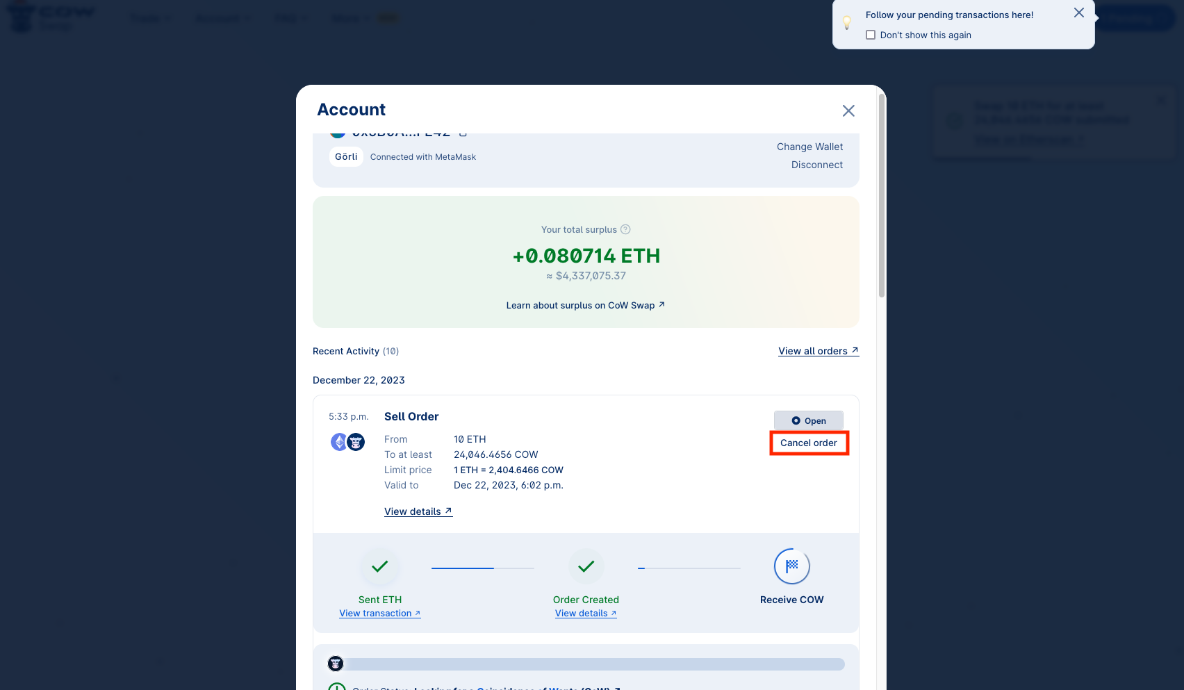 Activity panel with pending eth-flow order